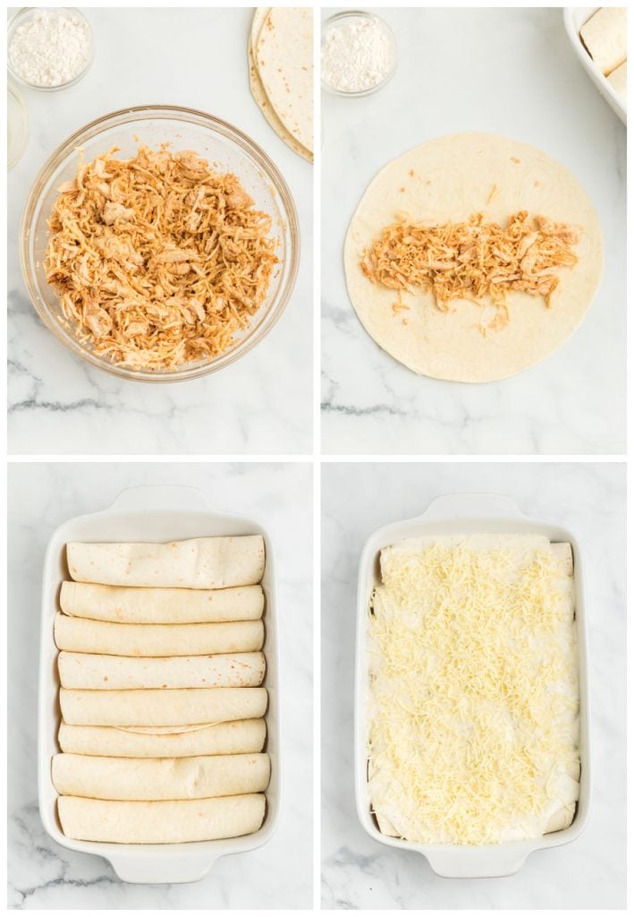 four photo collage showing the process of making chicken enchiladas.