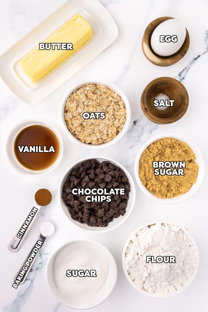 overhead shot of labeled ingredients laid out to make oatmeal chocolate chip cookies.