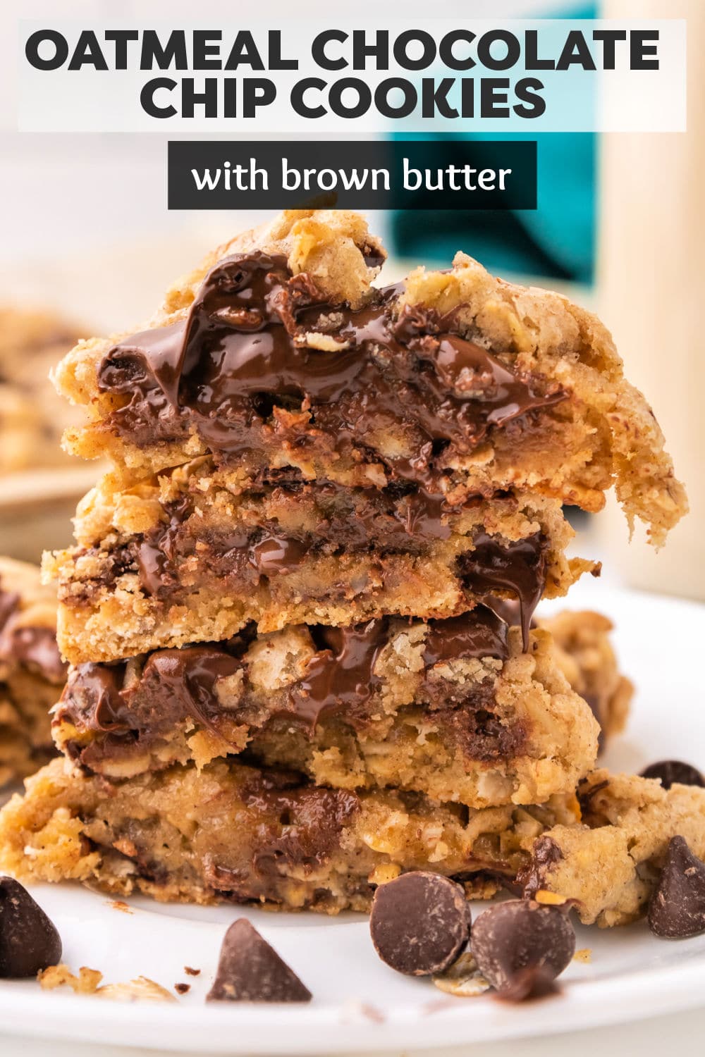 Thick & chewy Brown Butter Oatmeal Chocolate Chip Cookies are filled with oats, chocolate chips, and nutty brown butter. Meet your new favorite cookie! | www.persnicketyplates.com