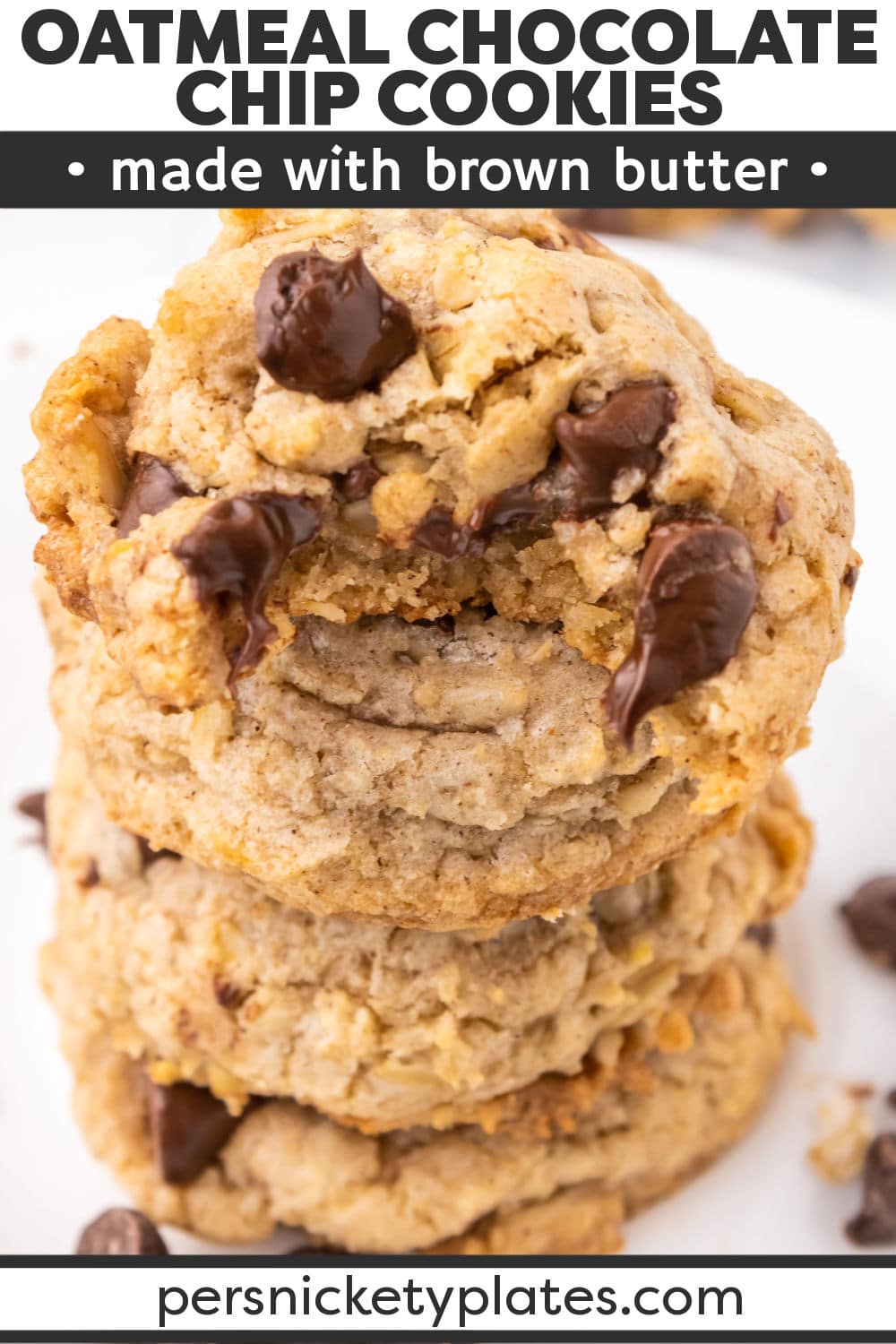 Thick & chewy Brown Butter Oatmeal Chocolate Chip Cookies are filled with oats, chocolate chips, and nutty brown butter. Meet your new favorite cookie! | www.persnicketyplates.com
