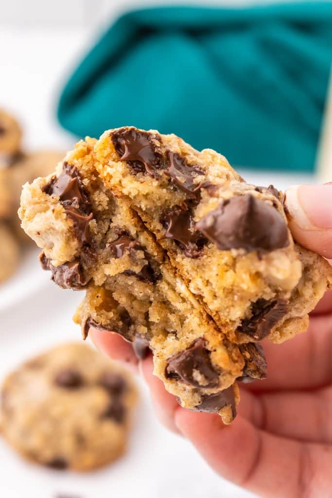 hand holding a cookie with melted chocolate chips.