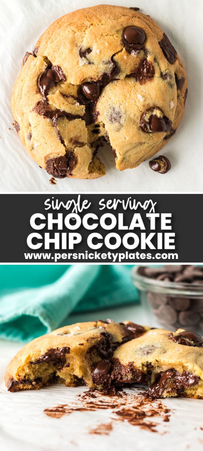 This Single Serve Chocolate Chip Cookie is quick and easy when that cookie craving hits but you don’t want to make a whole batch! Chewy and soft with golden edges, it’s perfect for one, or two if you feel like sharing! | www.persnicketyplates.com