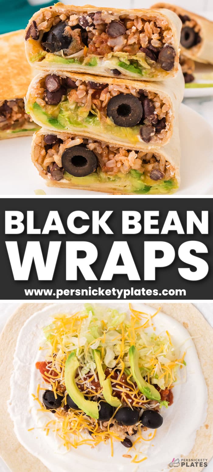 This black bean wrap recipe is prepared in 5 minutes and ready to eat in 20! Each one is made with a flour tortilla filled with seasoned black beans and rice and any of your favorite burrito toppings then wrapped and heated until crispy! Your entire family will be asking you to make them for more than just Meatless Mondays! | www.persnicketyplates.com