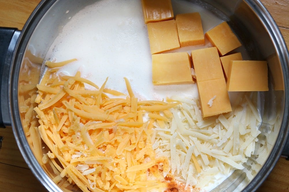 overhead shot of cheese in a saucepan