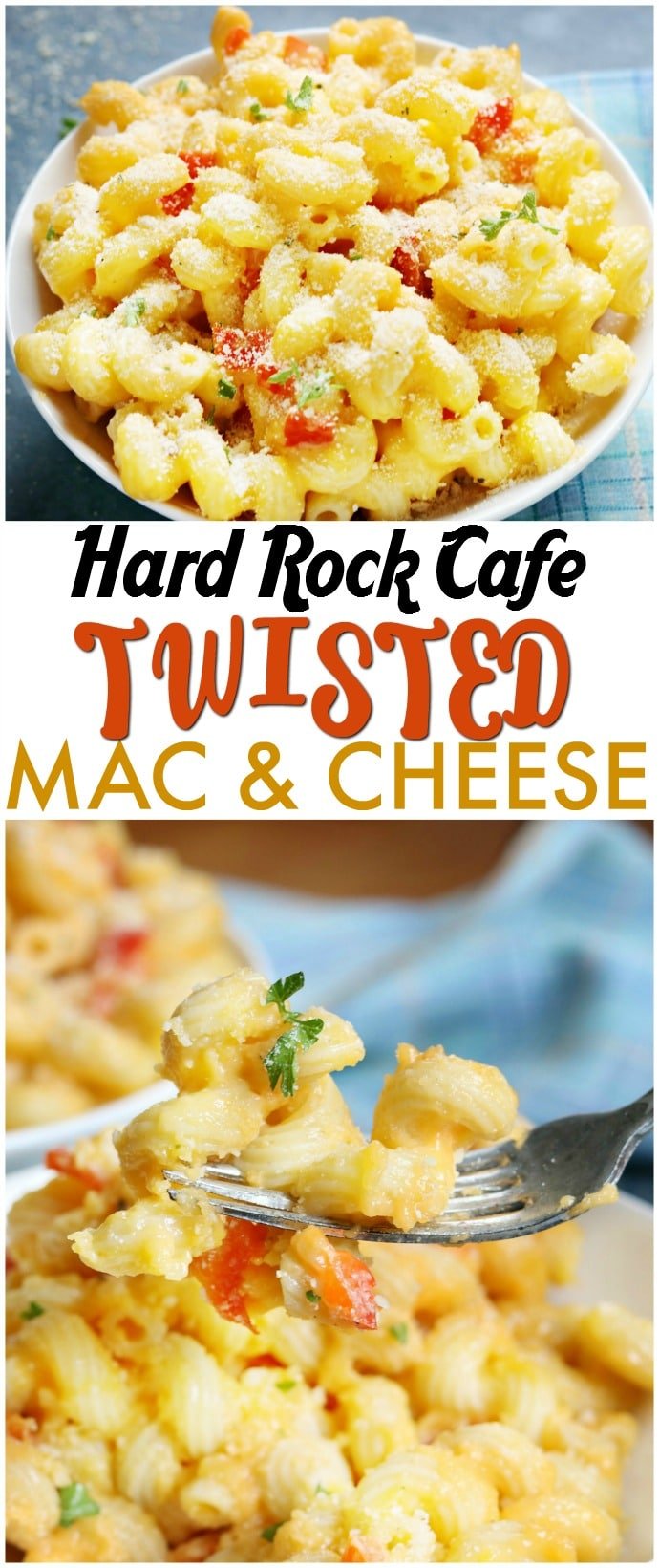 Hard Rock Cafe Twisted Mac & Cheese is cavatappi pasta tossed in a slightly spicy cheese sauce with roasted red peppers and topped with Parmesan parsley breadcrumbs. A copycat version of a favorite restaurant dish! | www.persnicketyplates.com