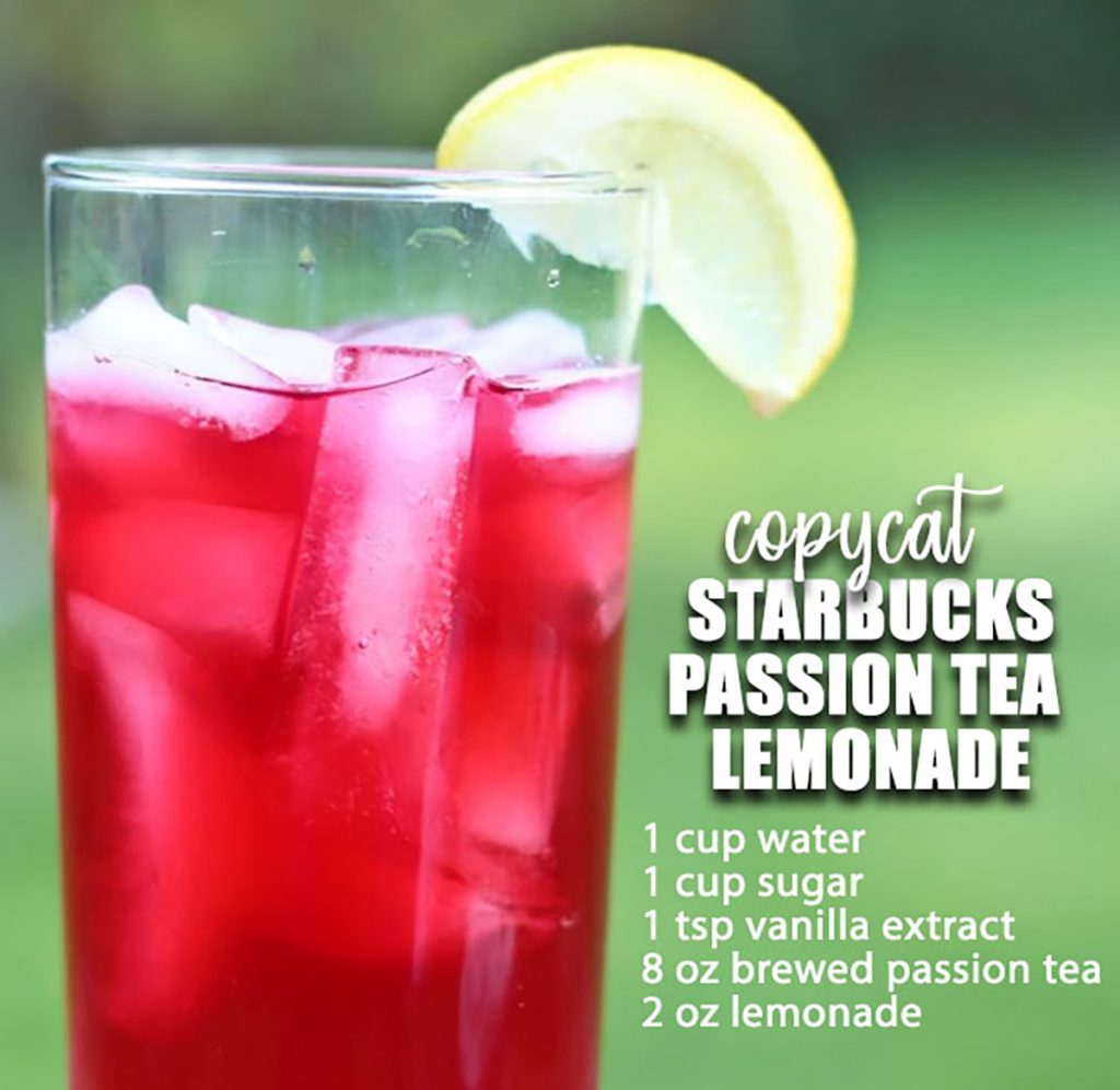 glass of passion tea lemonade with text overlay showing the recipe.