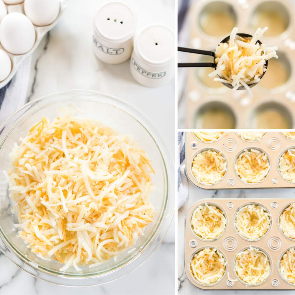 collage of bird's nest breakfast cups prep - hash browns in a bowl