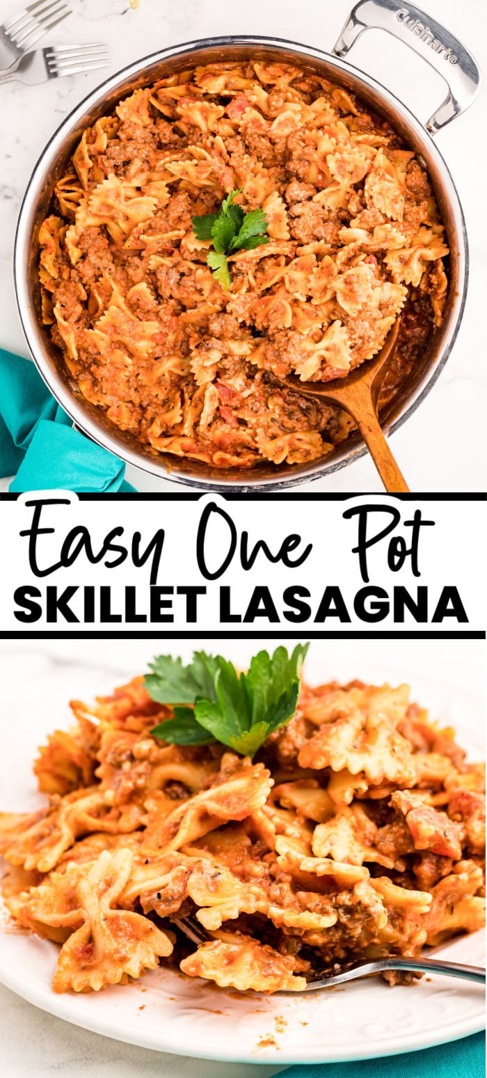 This skillet lasagna recipe with bowtie noodles is an easy one-skillet weeknight dinner full of savory ground beef, gooey mozzarella, tangy sour cream, pasta sauce, and flavorful herbs. It's a great way to get your lasagna fix all on your stovetop. | www.persnicketyplates.com