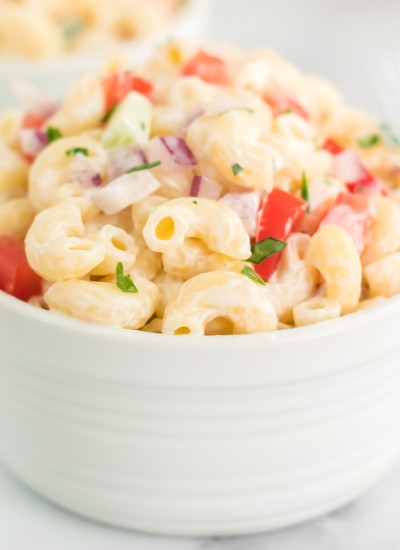 white bowl of classic macaroni salad