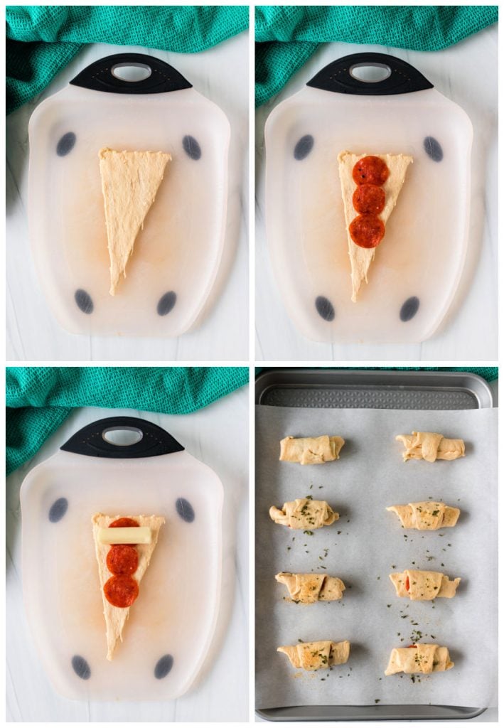 collage of 4 photos showing pepperoni roll-ups being made.