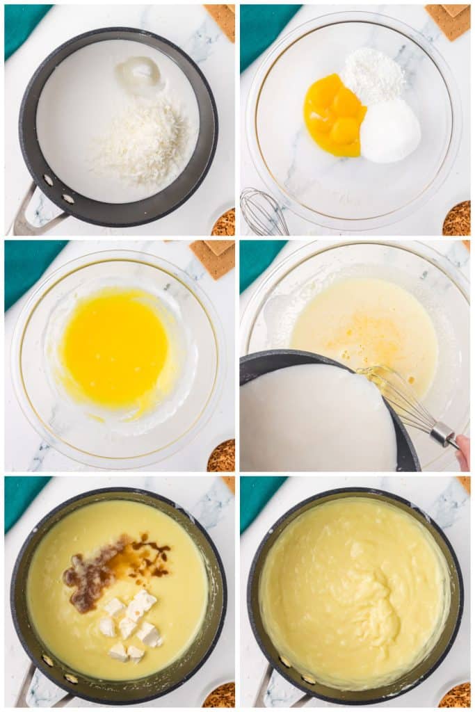 collage of 6 photos showing the process of making the filling of a coconut cream pie.