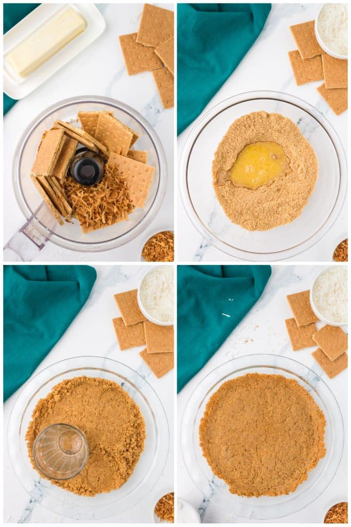 collage of 4 photos showing the process of making graham cracker crust.