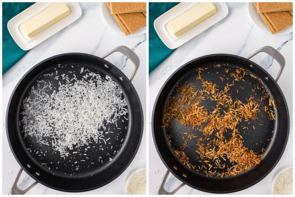 collage of 2 photos showing toasted coconut in a skillet.
