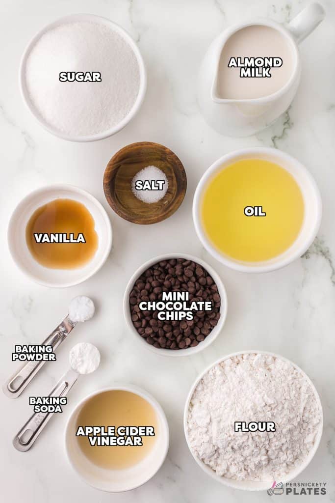 overhead shot of labeled ingredient laid out to make dairy-free chocolate chip muffins.