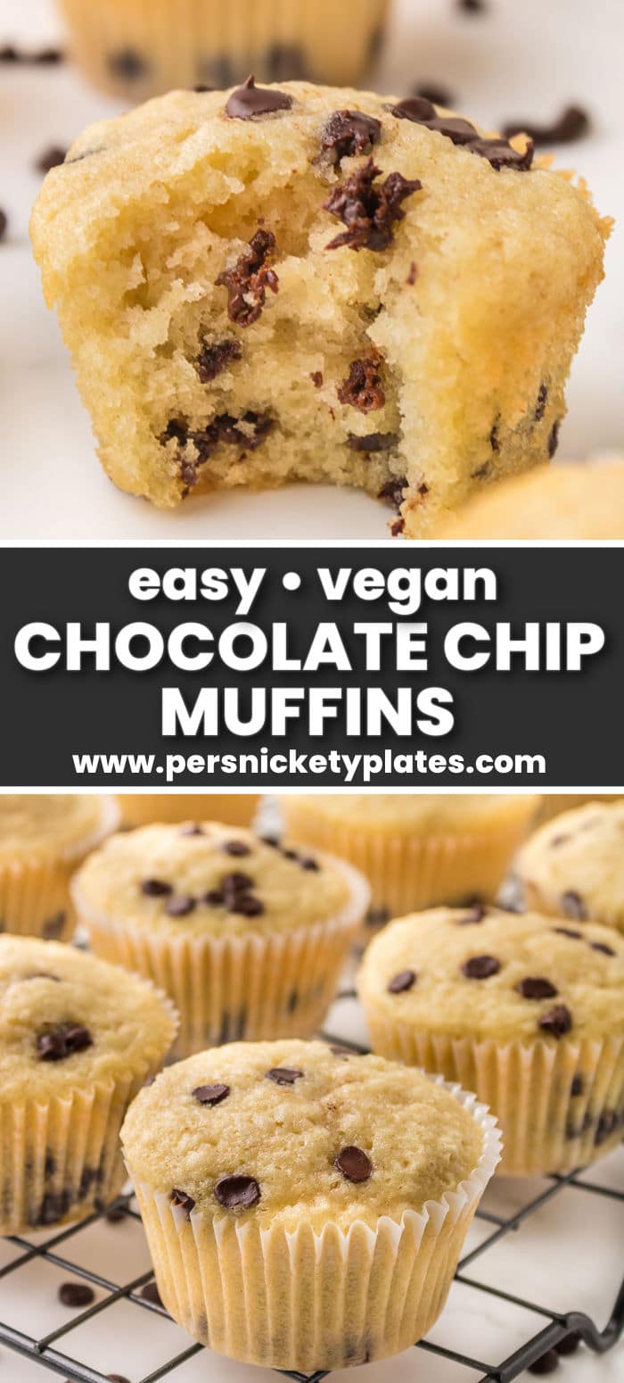 These easy and fluffy vegan chocolate chip muffins are made in one bowl with simple baking staples! Use your favorite dairy-free milk, and vegan chocolate chips combined with flour, sugar, and other pantry staples that you probably already have on hand and bake them nice and high! Enjoy freshly baked muffins for breakfast, brunch, or a snack, or slather them with vegan frosting for cupcakes!  | www.persnicketyplates.com