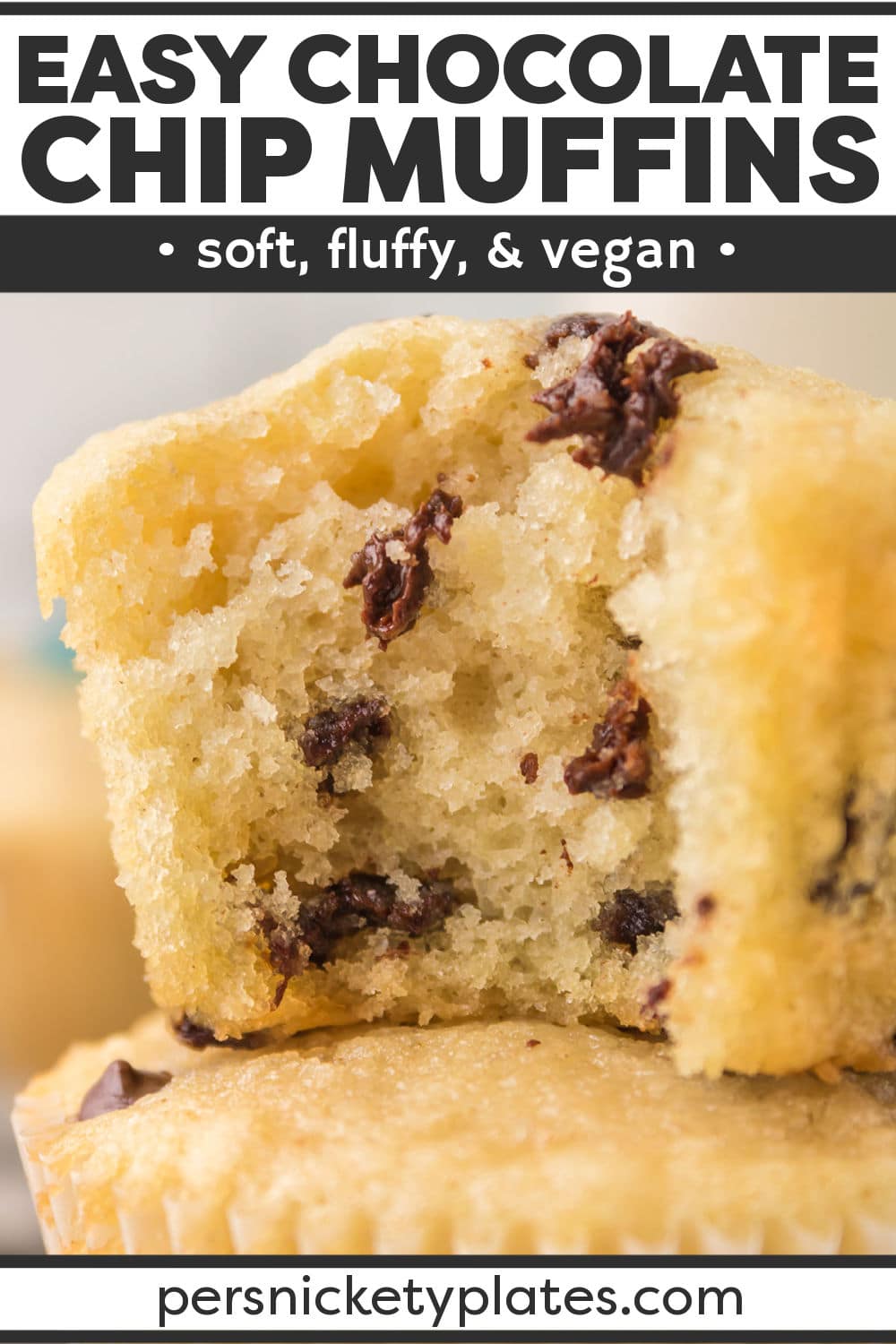 These easy and fluffy vegan chocolate chip muffins are made in one bowl with simple baking staples! Use your favorite dairy-free milk, and vegan chocolate chips combined with flour, sugar, and other pantry staples that you probably already have on hand and bake them nice and high! Enjoy freshly baked muffins for breakfast, brunch, or a snack, or slather them with vegan frosting for cupcakes!  | www.persnicketyplates.com
