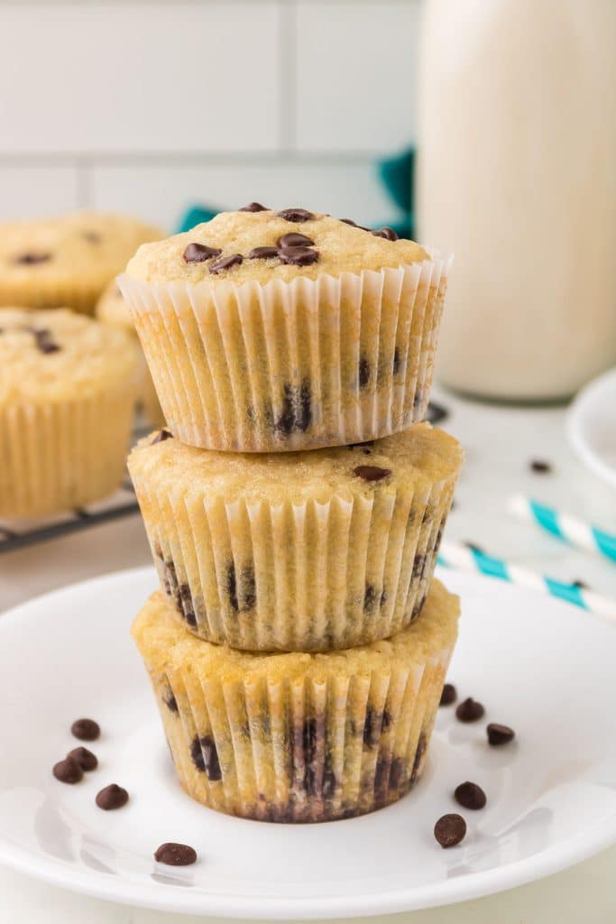 stack of 3 chocolate chip muffins.