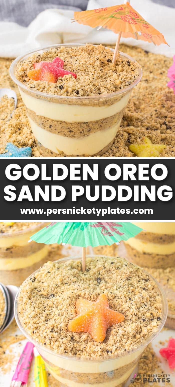 Golden Oreo Sand Pudding is such a fun summer treat! You make Oreo cookie "sand" and layer it with pudding to create a beach themed dessert that looks just like sand. Serve it out of a bucket for a crowd or individual pudding cups.  | www.persnicketyplates.com