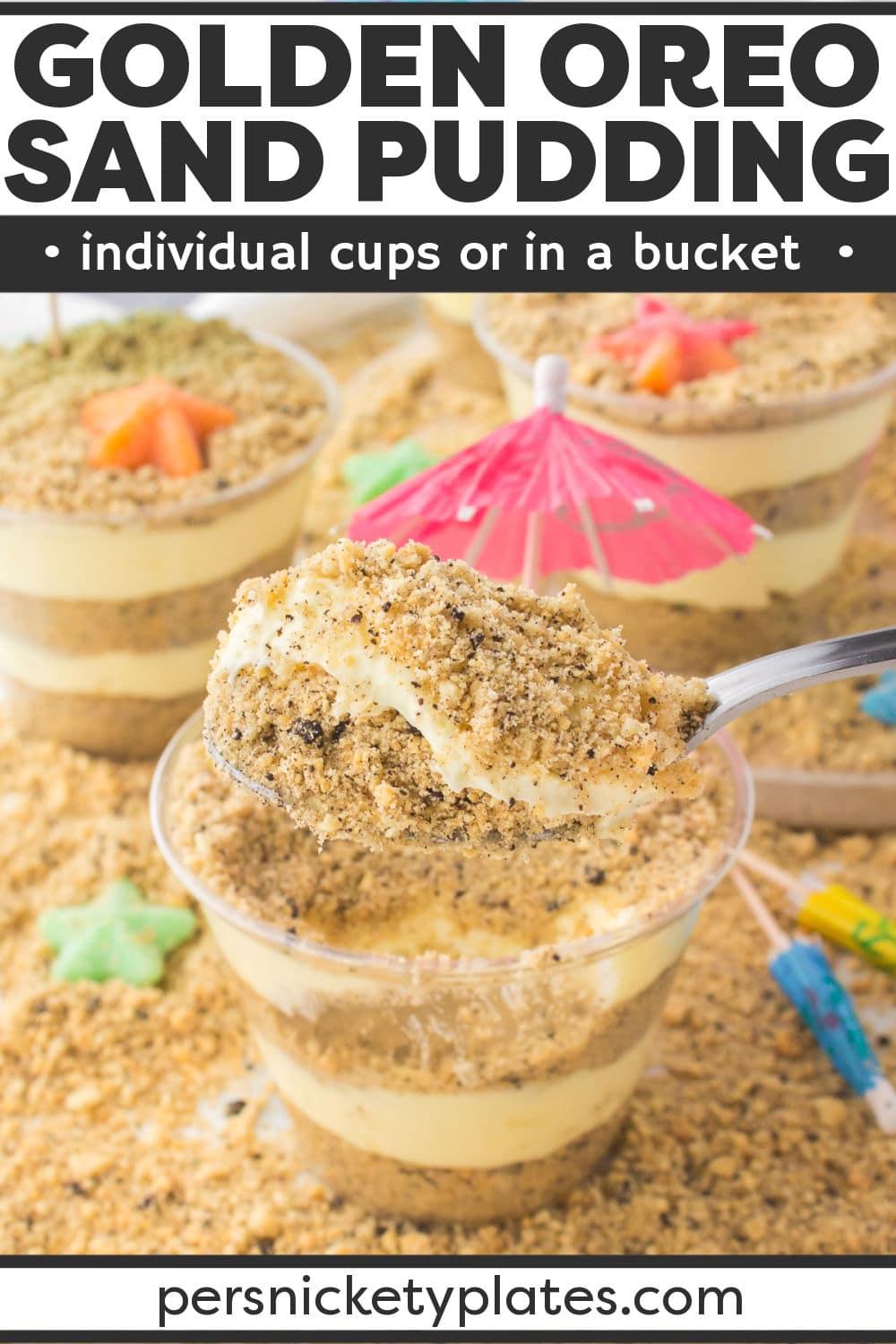 Golden Oreo Sand Pudding is such a fun summer treat! You make Oreo cookie "sand" and layer it with pudding to create a beach themed dessert that looks just like sand. Serve it out of a bucket for a crowd or individual pudding cups. | www.persnicketyplates.com