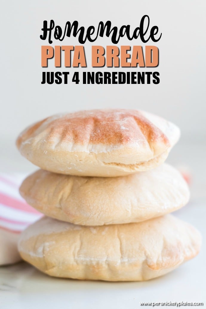 stack of 3 homemade pita breads with text overlay