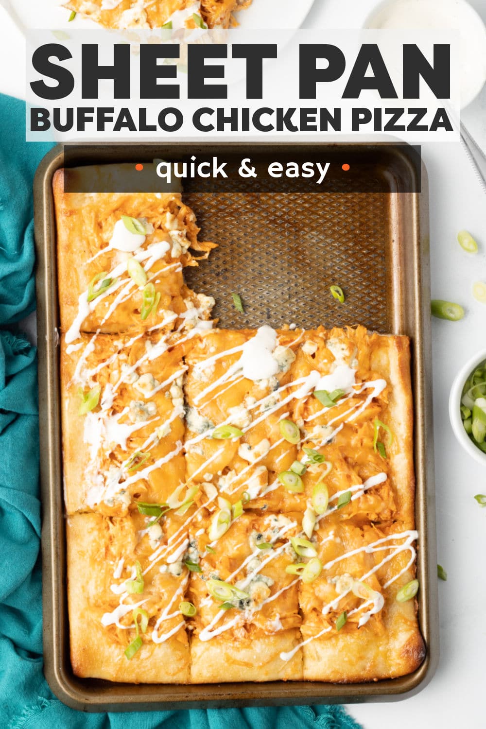Easy sheet pan Buffalo Chicken Pizza is semi-homemade with a store bought crust topped with spicy buffalo sauce coated chicken, gooey cheese, blue cheese crumbles, and drizzled with creamy ranch dressing. Make it for your next pizza night or game day. | www.persnicketyplates.com