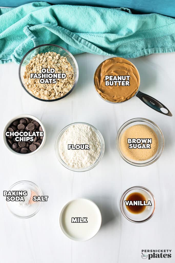 overhead shot of labeled ingredients laid out to make oatmeal bars.