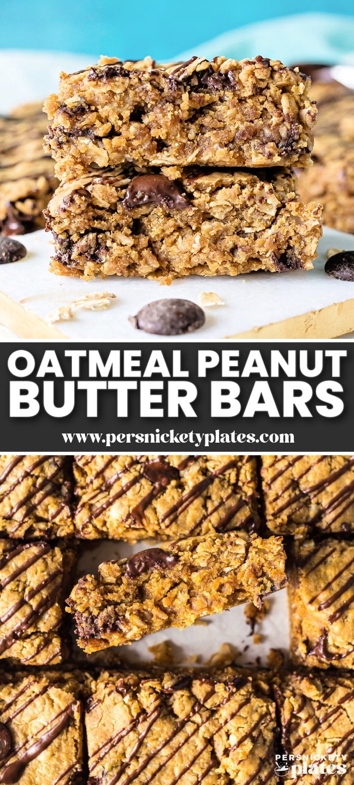 Full of hearty oats and rich peanut butter flavor, these Oatmeal Peanut Butter Bars are the perfect blend of salty and sweet. Finished off with a chocolate drizzle, these soft and chewy bars are the ultimate snack. | www.persnicketyplates.com