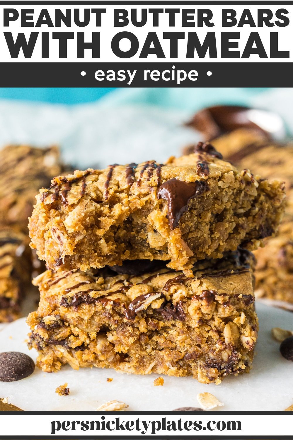 Full of hearty oats and rich peanut butter flavor, these Oatmeal Peanut Butter Bars are the perfect blend of salty and sweet. Finished off with a chocolate drizzle, these soft and chewy bars are the ultimate snack. | www.persnicketyplates.com