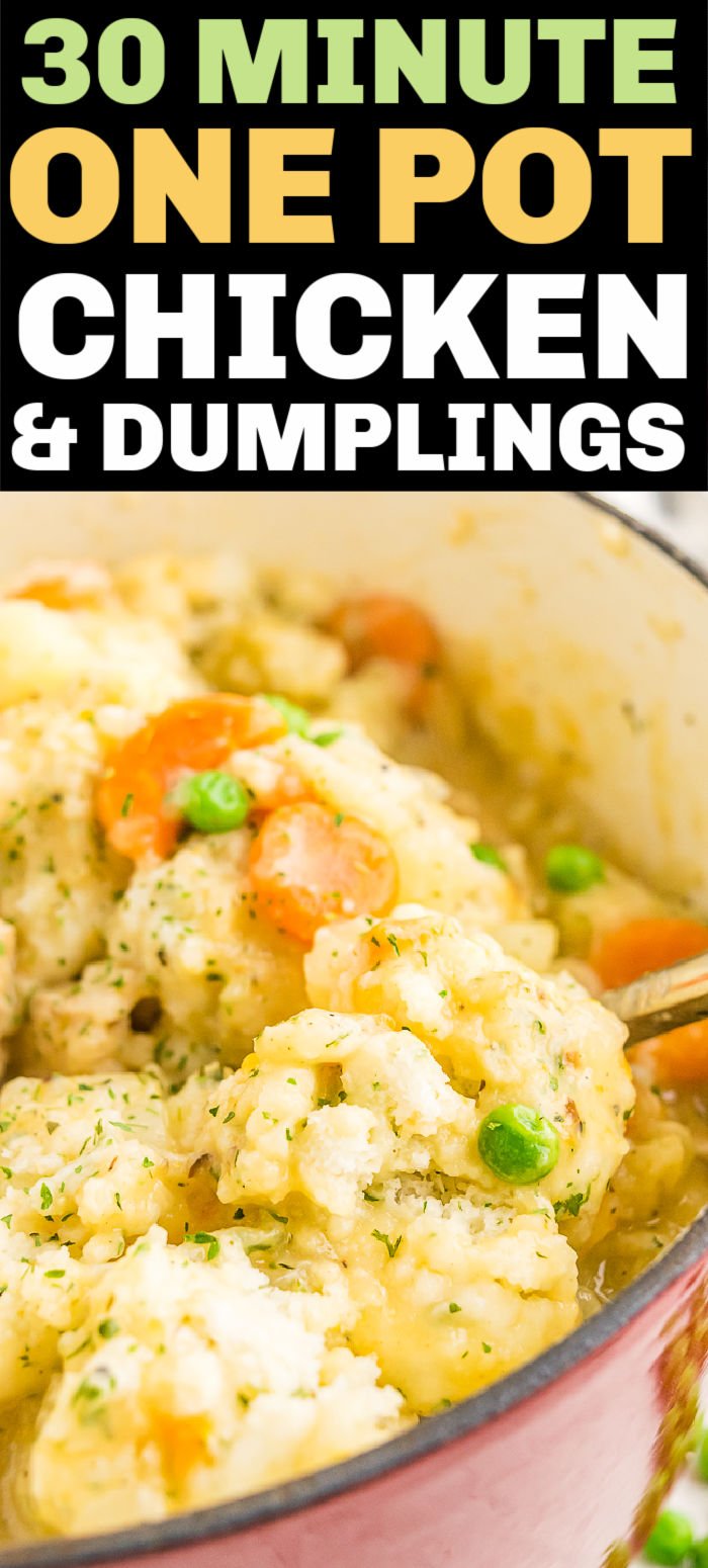 One pot Chicken & Dumplings is a favorite quick and easy comfort food meal. This vintage recipe is filled with flavorful chicken, veggies, and dumplings that you would never guess only takes 30 minutes to prepare! | www.persnicketyplates.com