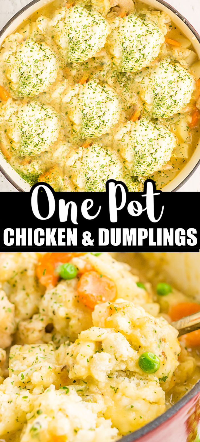 One pot Chicken & Dumplings is a favorite quick and easy comfort food meal. This vintage recipe is filled with flavorful chicken, veggies, and dumplings that you would never guess only takes 30 minutes to prepare! | www.persnicketyplates.com