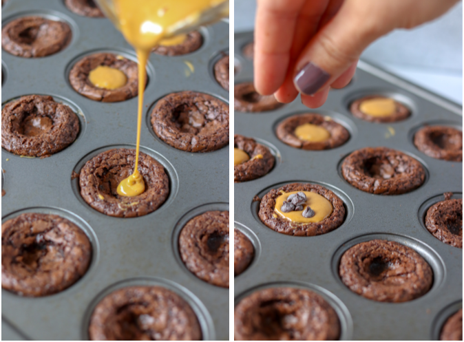 peanut butter being drizzled into brownie bites