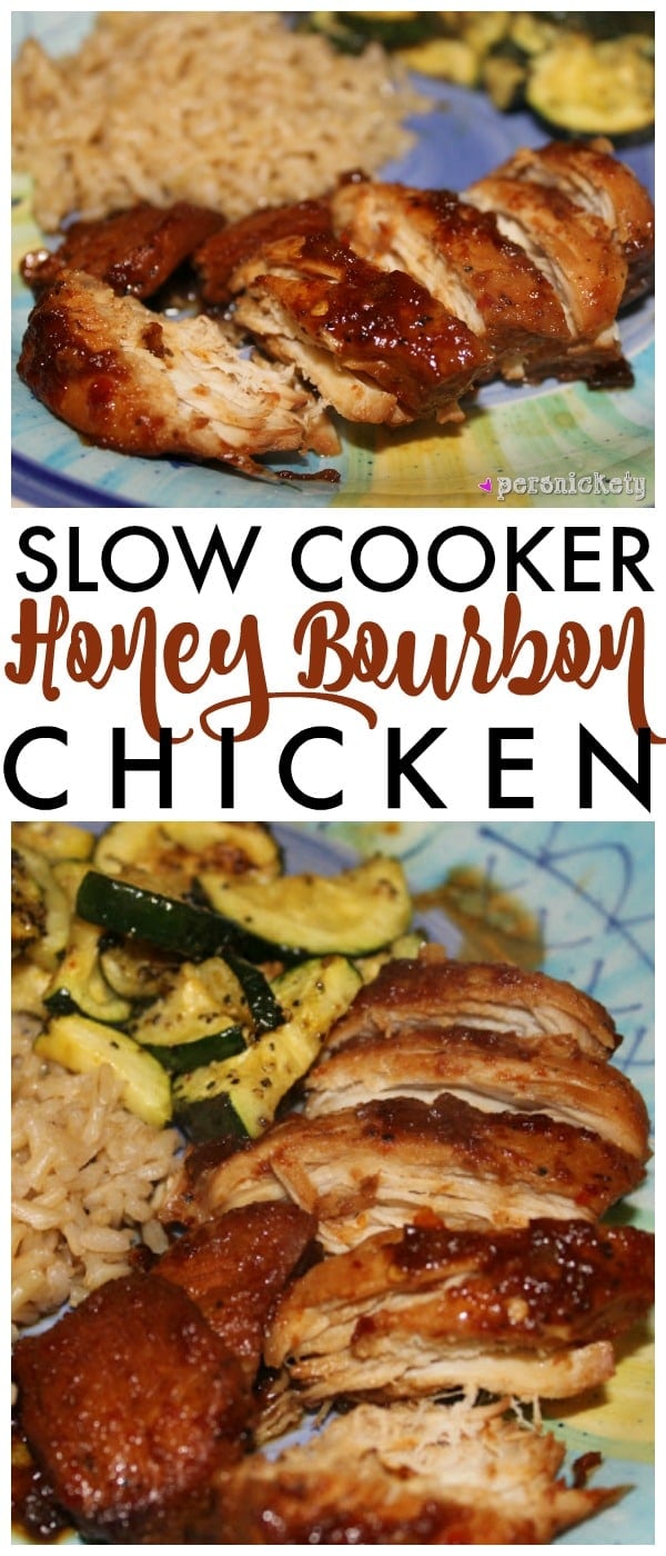 collage of photos of bourbon chicken with text reading "slow cooker honey bourbon chicken".