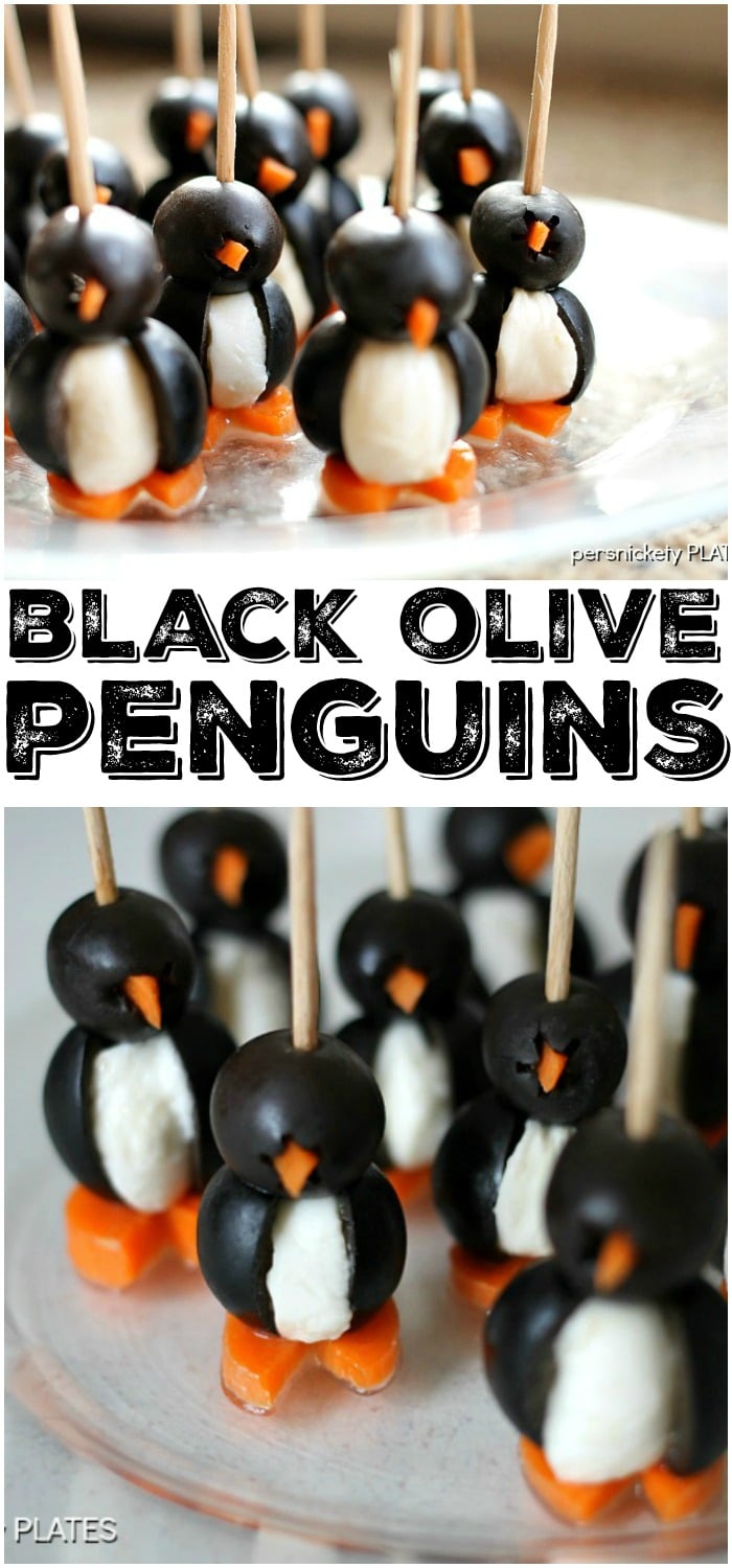 These Olive Penguins are made with black olives, mozzarella balls, and carrots. They are an adorable and fun appetizer, perfect for game day or small gatherings. These delicious poppers are almost too cute to eat! | www.persnicketyplates.com
