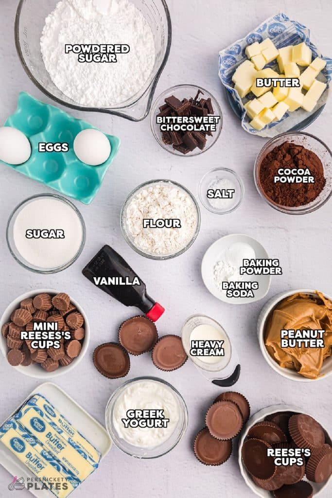 overhead shot of labeled ingredients laid out to make chocolate cupcakes.