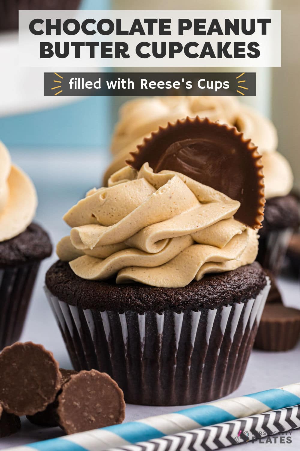 These Reese’s Stuffed Chocolate Cupcakes with Peanut Butter Frosting take dark chocolate cupcakes to another level. It doesn’t get any more decadent than a Reese’s peanut butter cup baked into the center of the cupcakes which are then topped with a creamy peanut butter frosting and garnished with a mini Reese. Chocolate cupcakes never tasted so good! | www.persnicketyplates.com