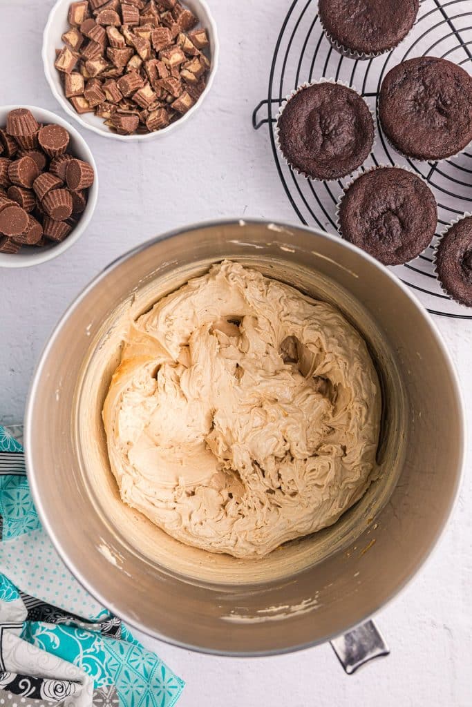 peanut butter frosting in a mixing bowl.