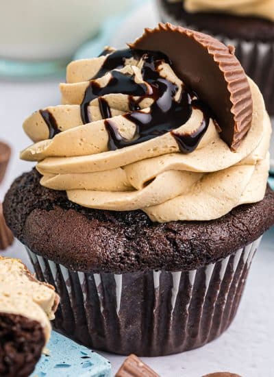 chocolate cupcake with peanut butter frosting drizzled with chocolate.