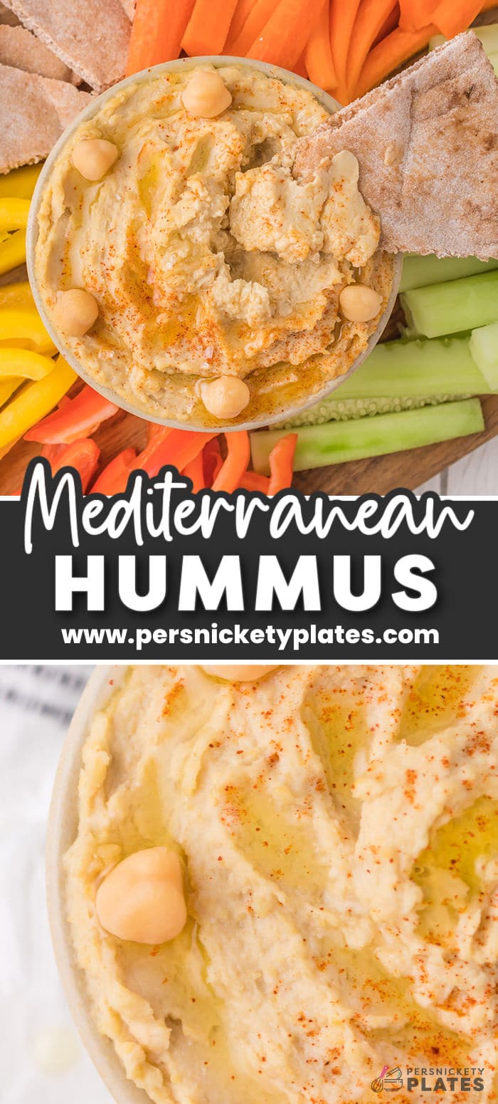 Thick and creamy, this Mediterranean Hummus recipe is loaded with flavor and ideal to eat with your favorite dippers like fresh veggies and your favorite crackers or pita bread. A staple in the Middle East, hummus is a healthy, versatile dip that comes together in just minutes with just a few basic ingredients. | www.persnicketyplates.com