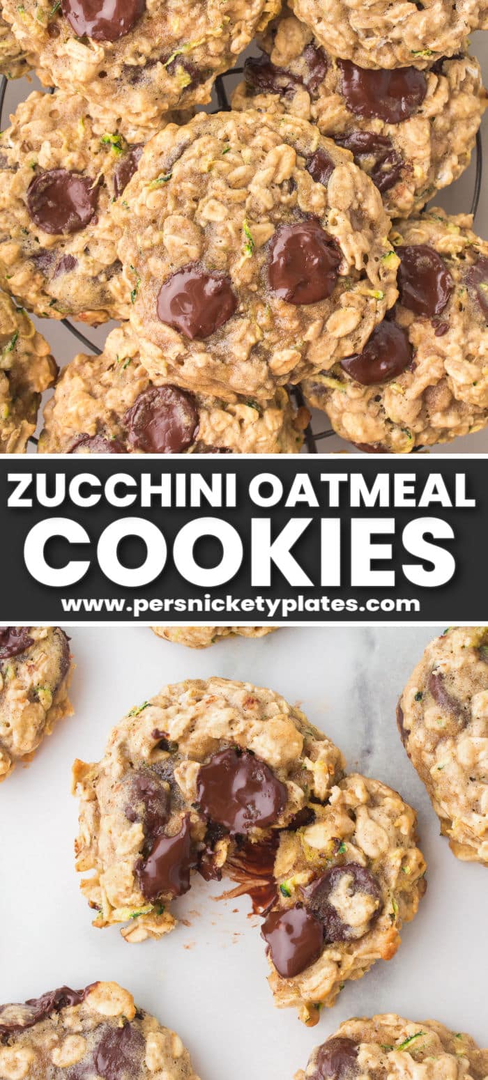 These Zucchini Oatmeal Cookies are soft, chewy, and full of chocolate chips! If you like zucchini bread, you're going to love when grated zucchini is hidden in your cookies. | www.persnicketyplates.com