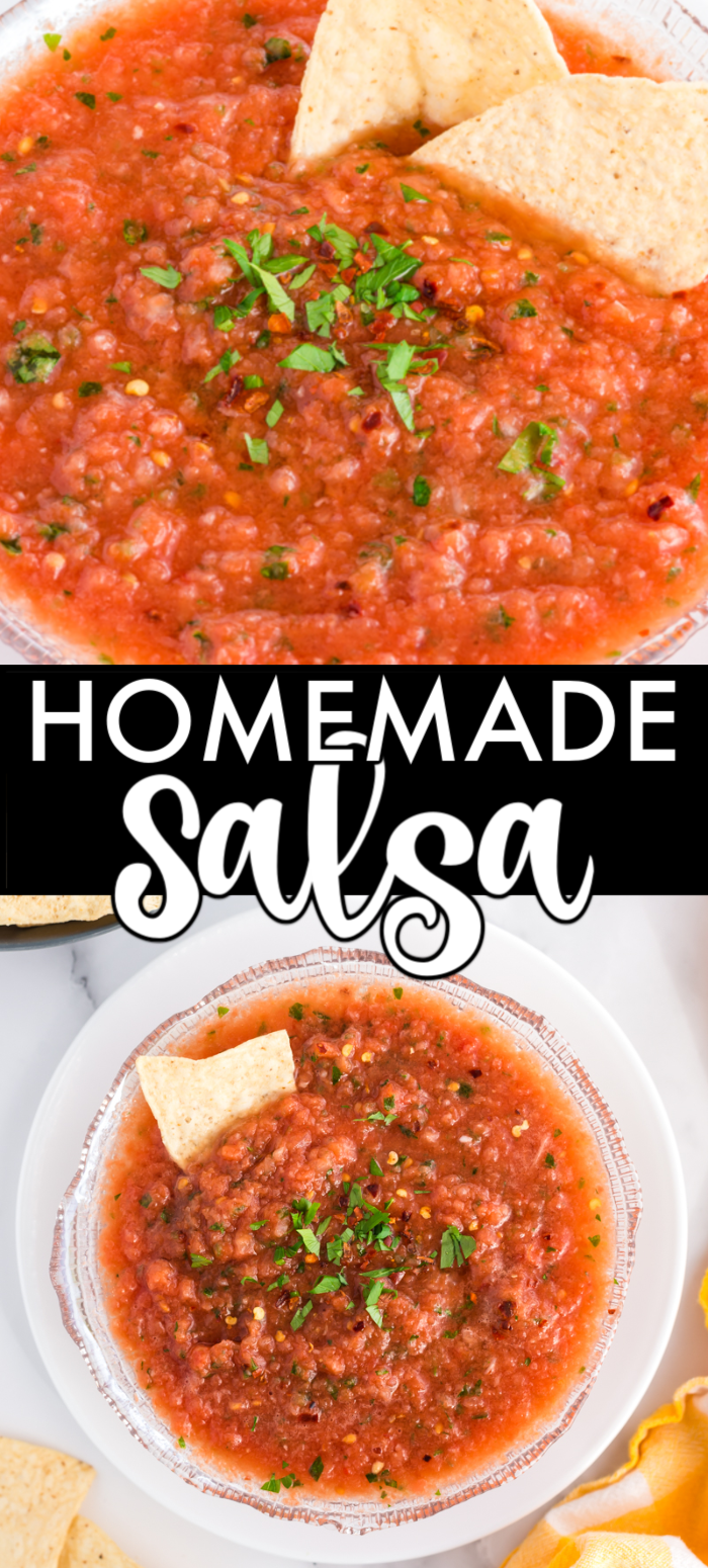 This homemade salsa, made right in the blender, tastes just like the salsa that On the Border restaurant serves! You're never going to want to buy jarred salsa again once you learn how to make homemade salsa. | www.persnicketyplates.com #salsa #homemadesalsa #vegan #vegetarian #dip #sidedish #easyrecipe