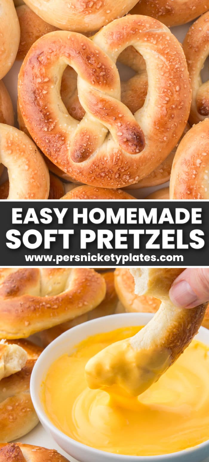 This easy homemade soft pretzel recipe yields a soft chewy texture with a golden brown crust. It's a foolproof recipe that requires no baking soda solution, no resting the dough, and no fancy mixers to get the signature pretzel flavor we all crave! This satisfying snack is made with a simple dough baked with a sprinkle of sea salt. They're even better with a side of your favorite dipping sauce!  | www.persnicketyplates.com