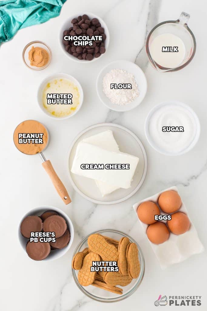 overhead shot of labeled ingredients laid out to make cheesecake bars.
