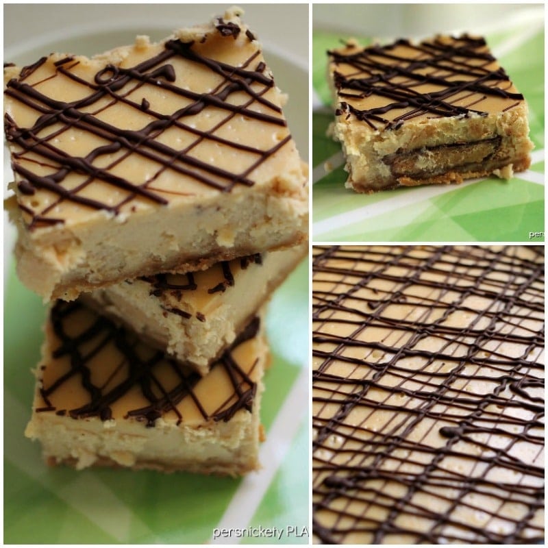 Reese's Peanut Butter Cup Cheesecake Bars - stuffing peanut butter cups into cheesecake bars then drizzling them with chocolate is always a good idea! | www.persnicketyplates.com