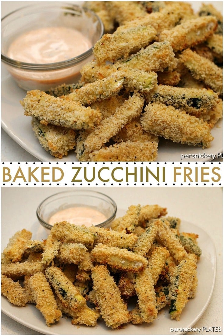 Baked Zucchini Fries are crispy and seasoned on the outside, tender on the inside, and a delicious and healthy alternative to potato fries. Serve with your favorite dipping sauce and even your kids will be asking for seconds! | www.persnicketyplates.com