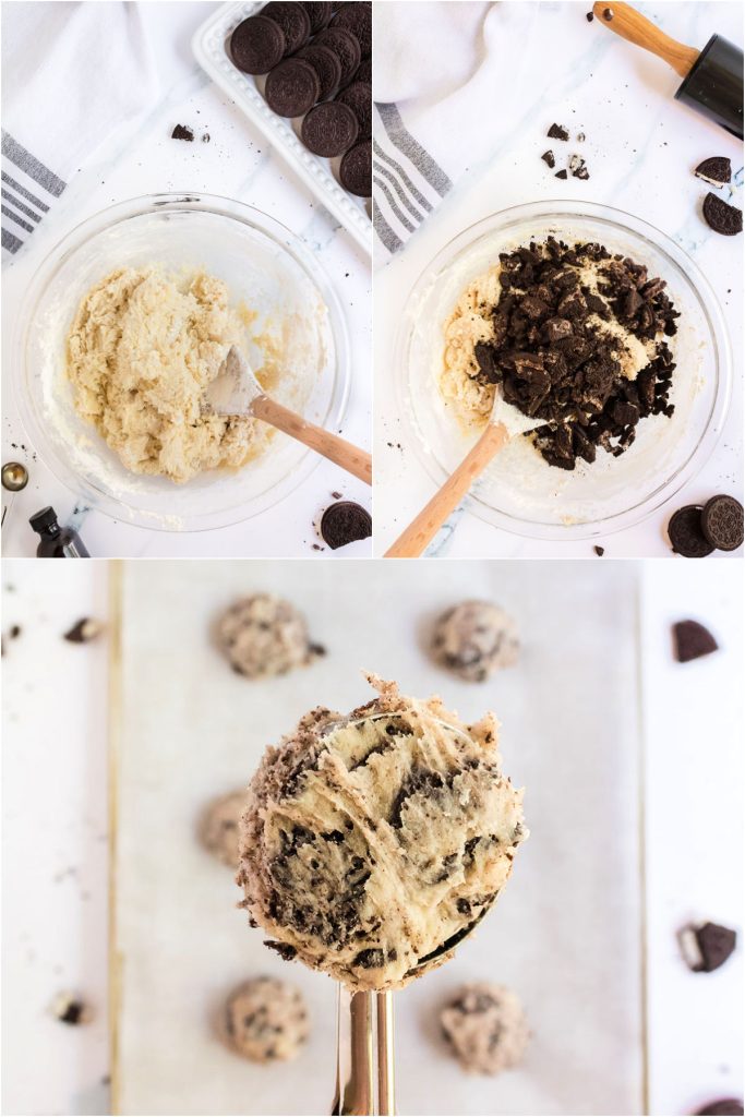 collage of 3 photos showing the process of making oreo cheesecake cookies.