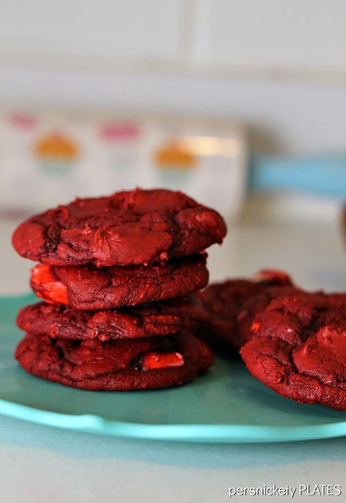 stack of red velvet cookies
