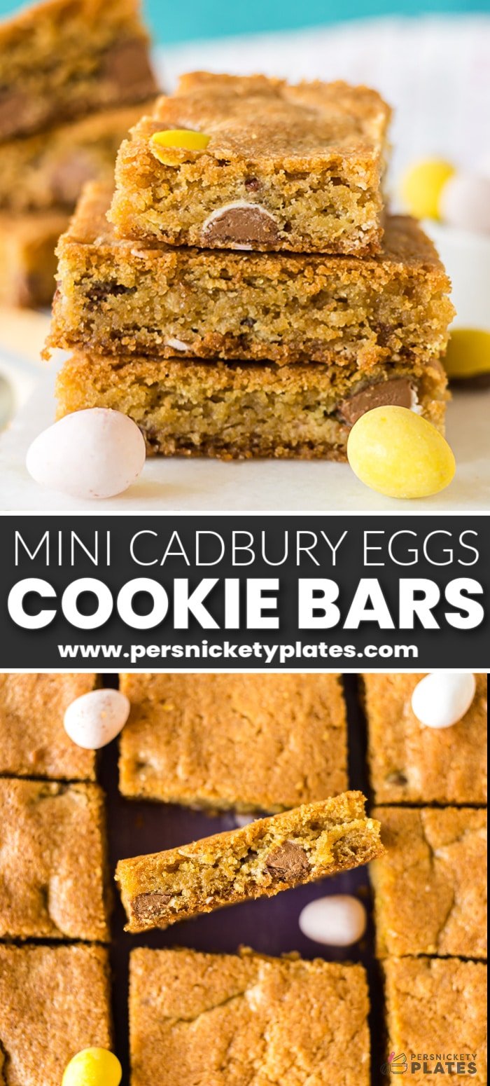 Mini Cadbury Egg Cookie Bars will be your new favorite Easter dessert! These quick bar cookies are perfect for large crowds or any family gathering. Pick up a bag of Cadbury mini eggs and whip up these easy treats. | www.persnicketyplates.com