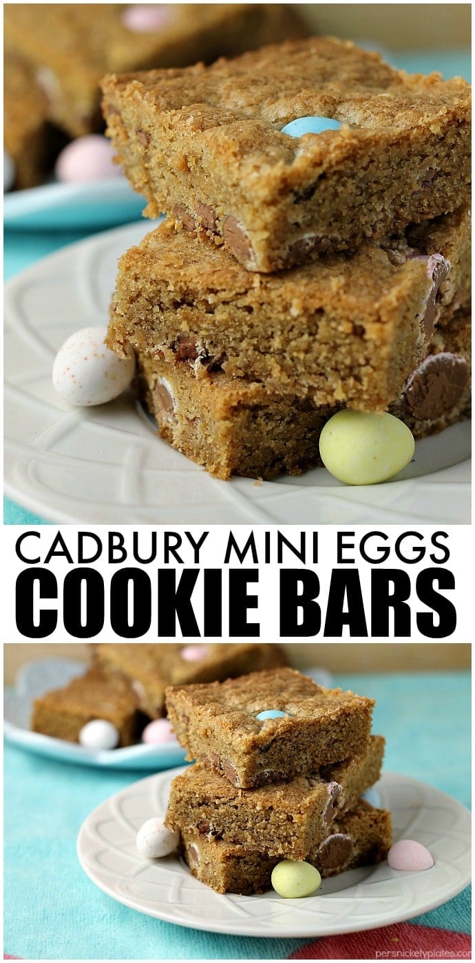 Cadbury Mini Eggs Cookie Bars! Every year I look forward to Cadbury Mini Eggs showing up in stores. I love them plain but they're even better when you smash them up and bake them into a cookie bar! | www.persnicketyplates.com #easter #easterdessert #cookiebars #dessert #easyrecipe