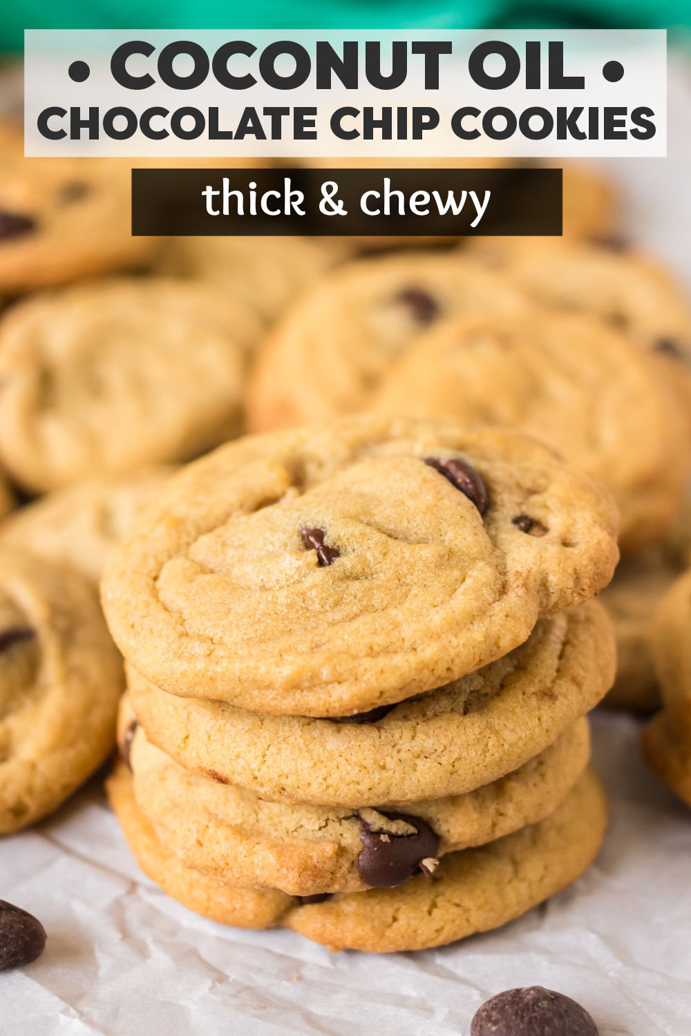 Coconut Oil Chocolate Chip Cookies are soft and chewy with rich chocolate chips and crisp edges. Made with coconut oil instead of butter, these chewy chocolate chip cookies have a mild coconut flavor and are super easy to make. | www.persnicketyplates.com