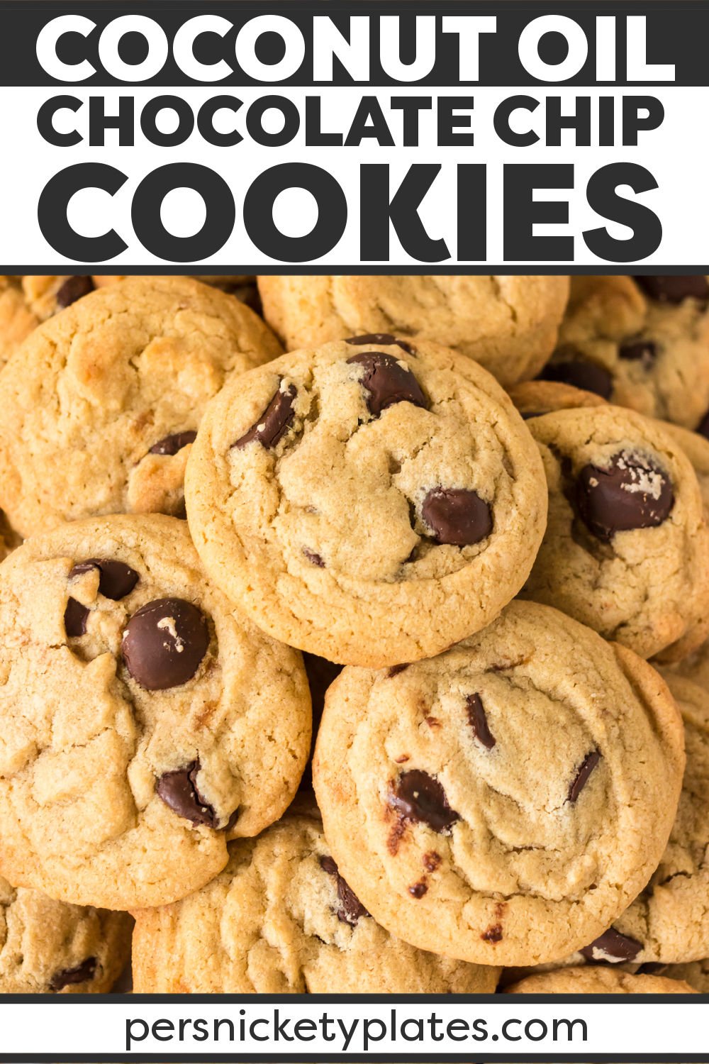 Coconut Oil Chocolate Chip Cookies are soft and chewy with rich chocolate chips and crisp edges. Made with coconut oil instead of butter, these chewy chocolate chip cookies have a mild coconut flavor and are super easy to make. | www.persnicketyplates.com